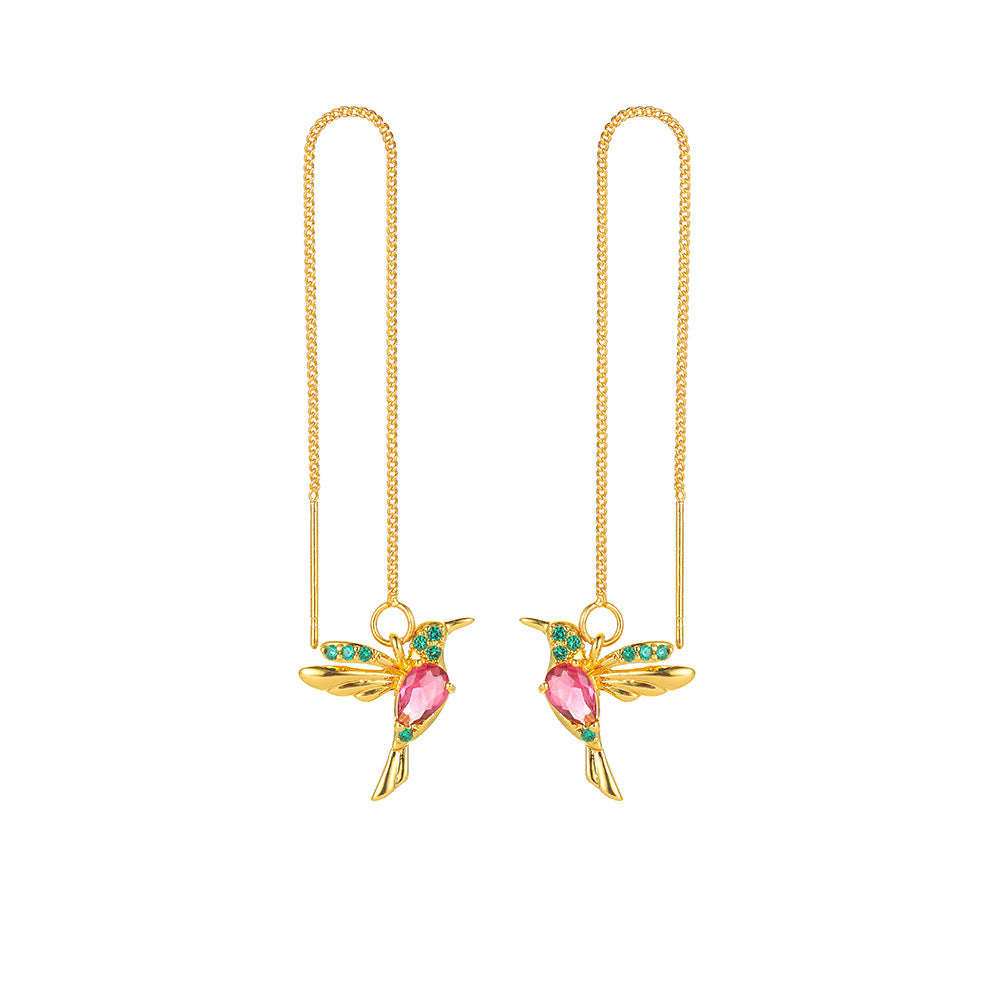 Gold-tone threader chains of the hummingbird earrings