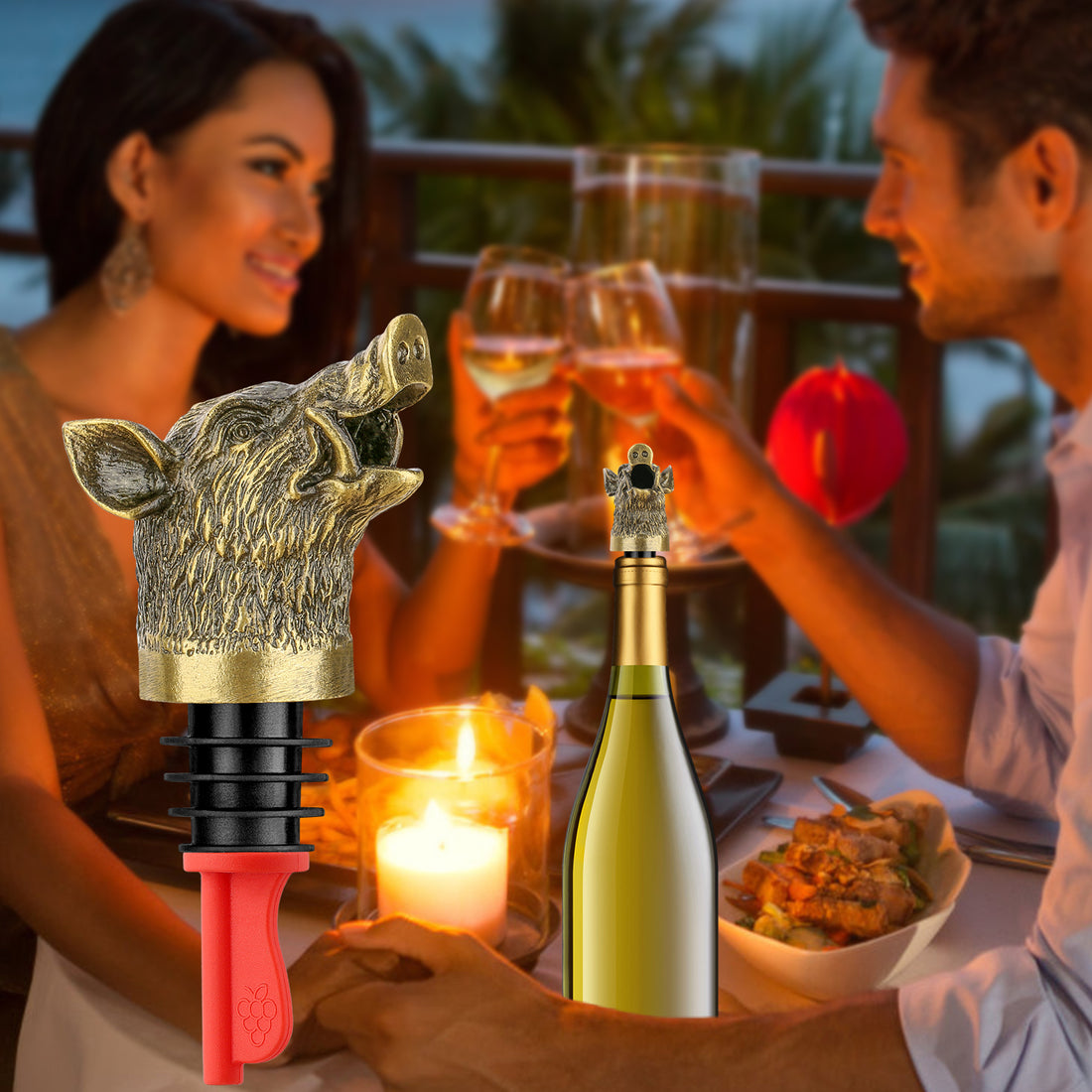 Bronze boar head pourer in a champagne bottle at a candlelit dinner