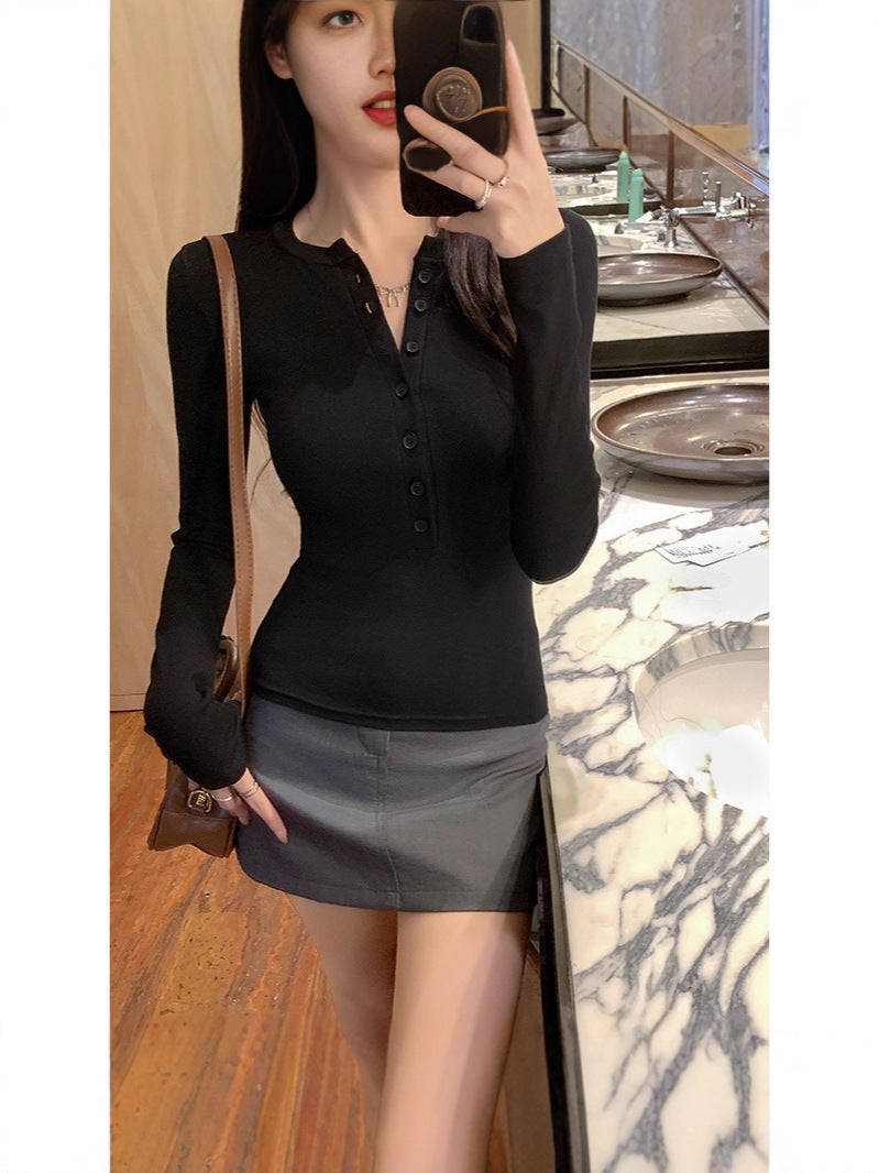 Women's Slim Fit Half-Collar Button Long Sleeve T-Shirt
