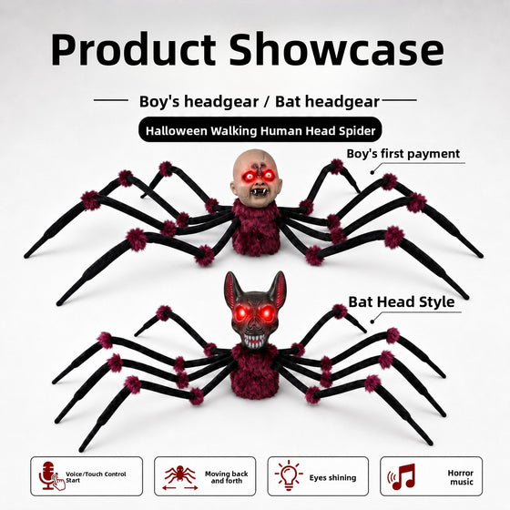 Animated Halloween Spider Head Prop with Sound and Light Effects