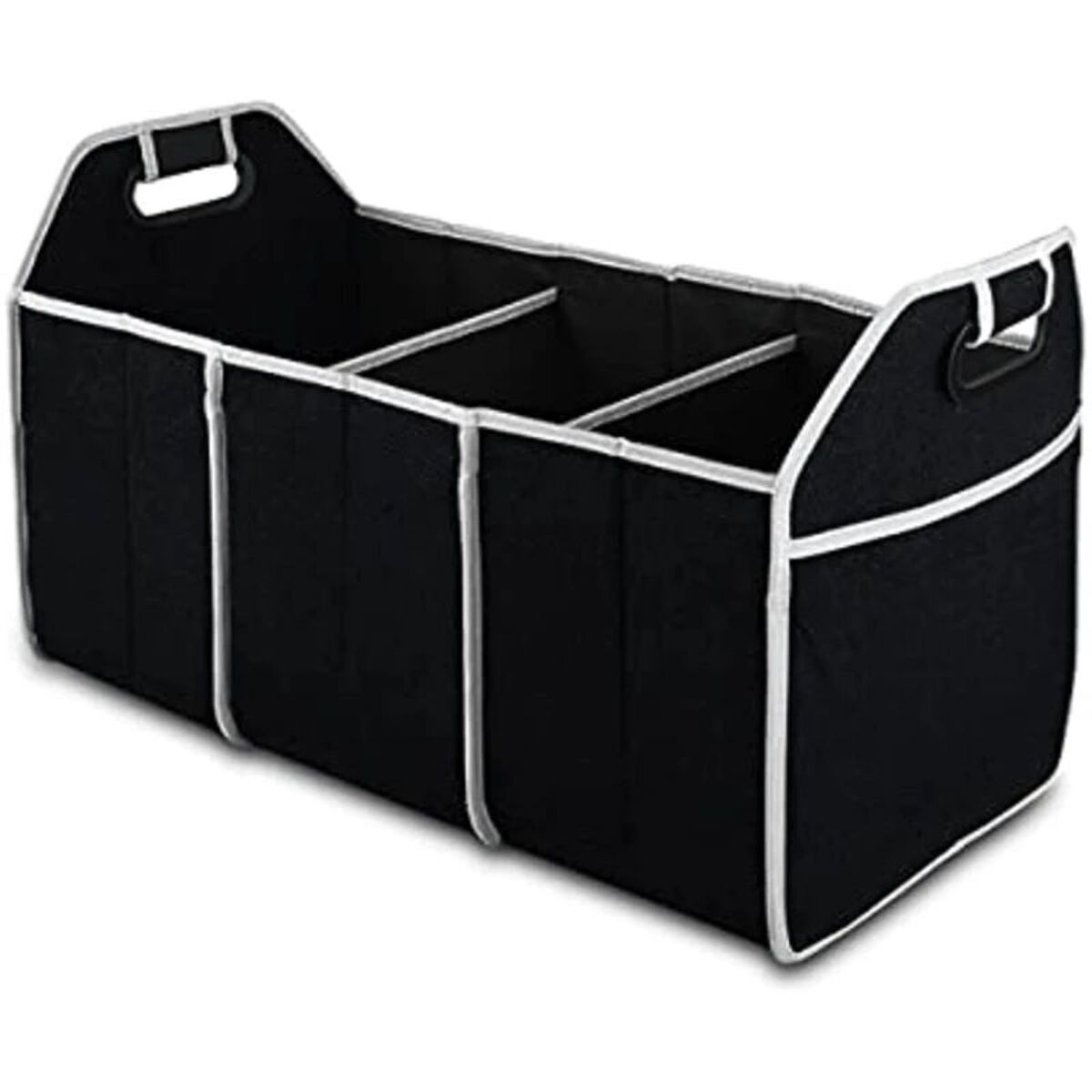 Car trunk organizer loaded with groceries