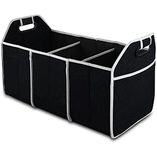 Car trunk organizer loaded with groceries