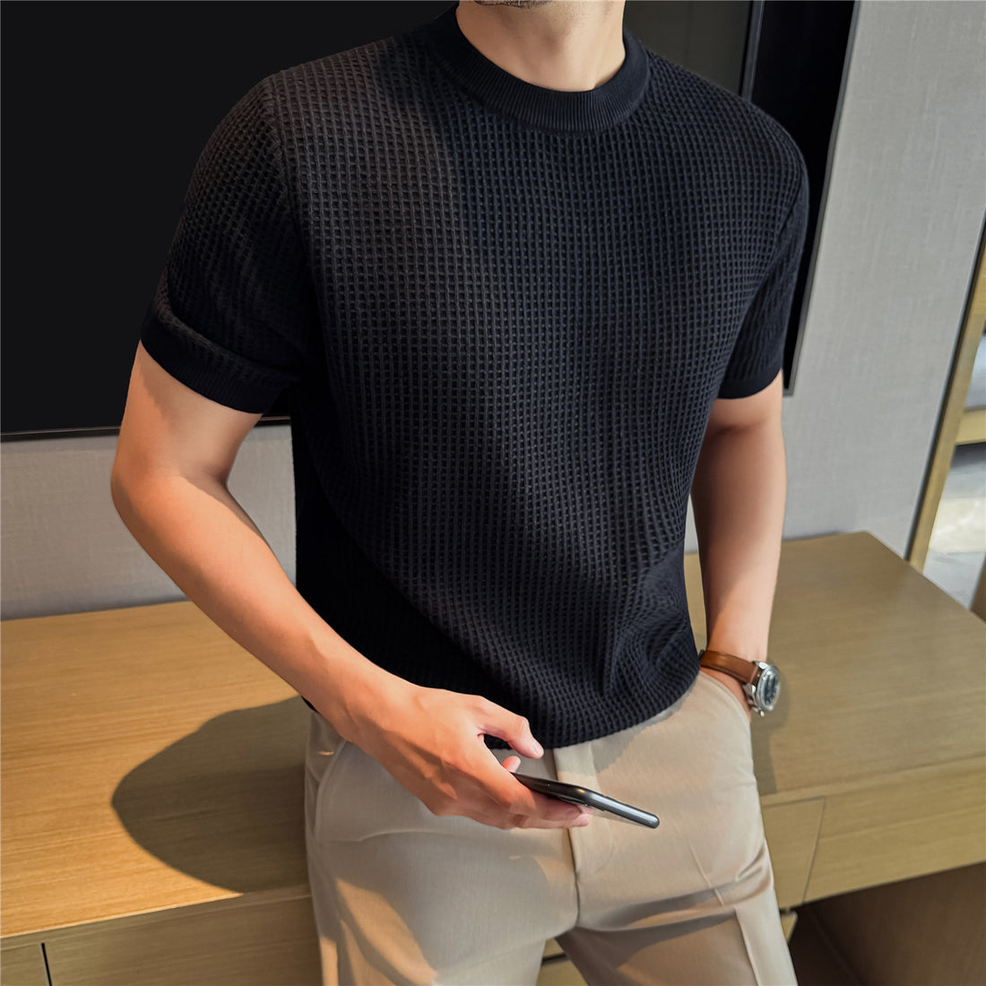 Men's Thick Waffle Knit Cotton Round Neck Sweater