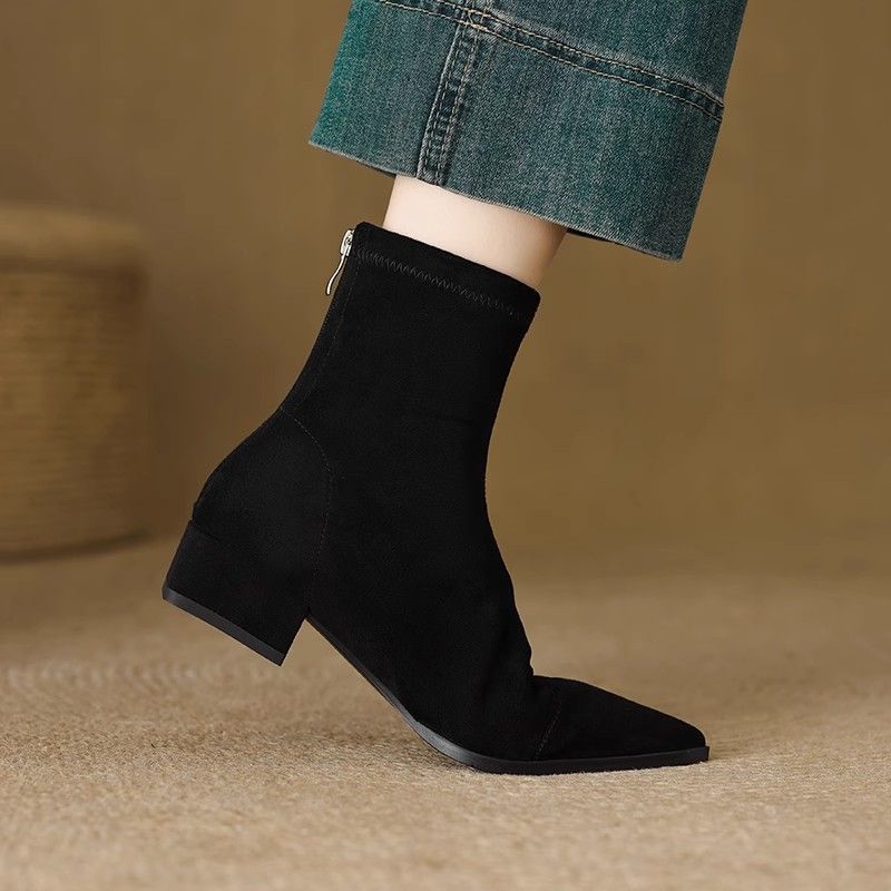 Flat French Point Toe Boots Thick Heeled