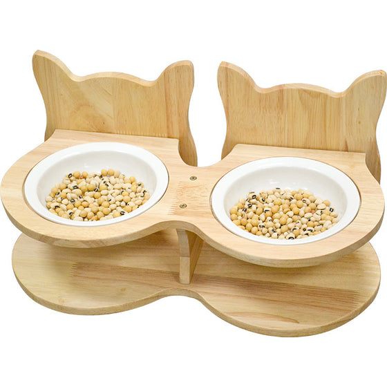 Bamboo Pet Feeder Stand with Ceramic Bowls