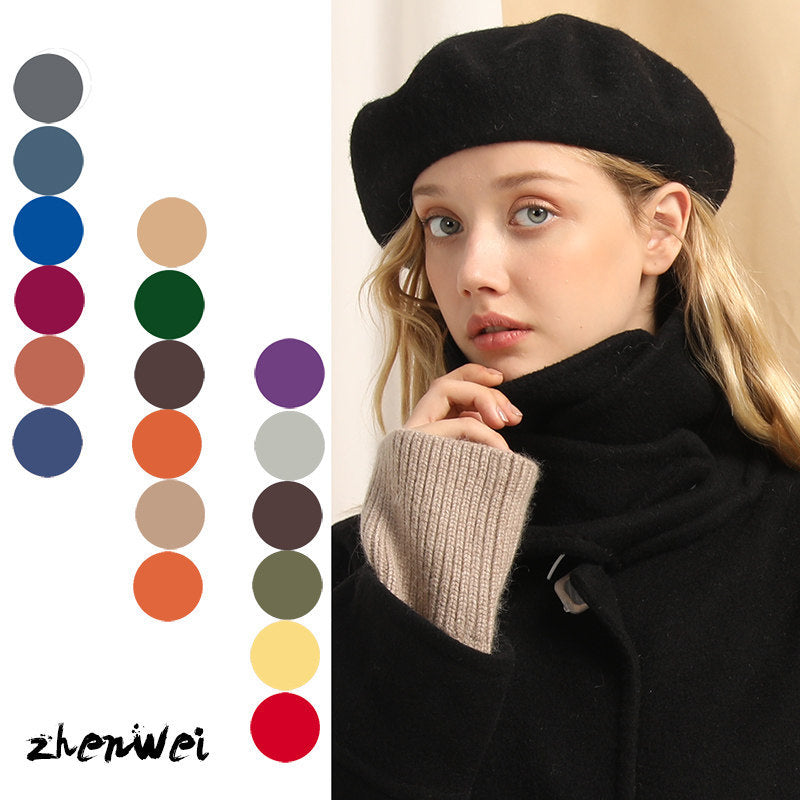 Retro Solid Color Wool Beret Hat for Women, Autumn Winter Adjustable Painter Cap