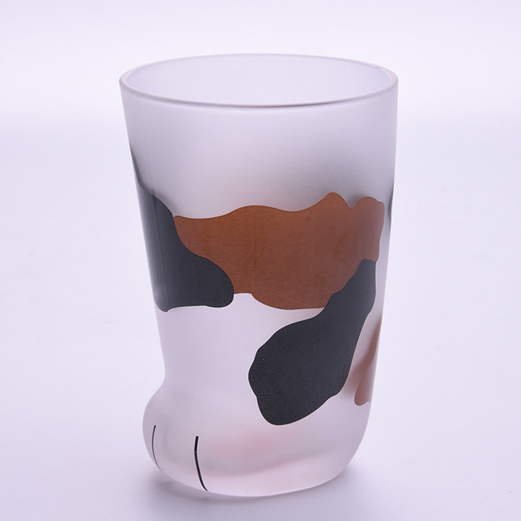 Calico cat paw glass mug with orange and black patches, Sanhua style