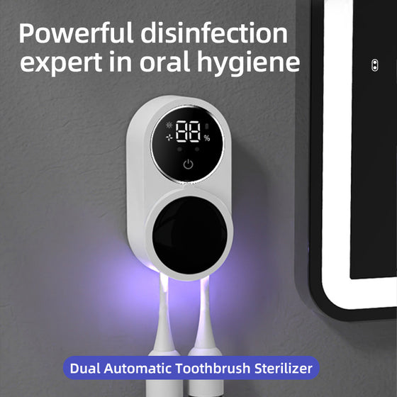 Dual automatic toothbrush sterilizer on a bathroom wall