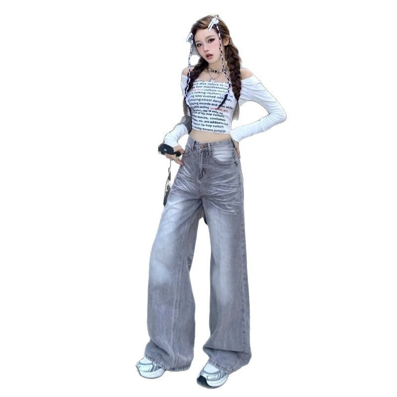American Retro Loose Fit Wide Leg Denim Pants for Women