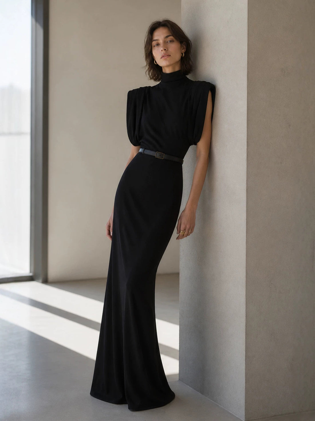 Women's Sleeveless High Neck Evening Party Long Dress with Belt