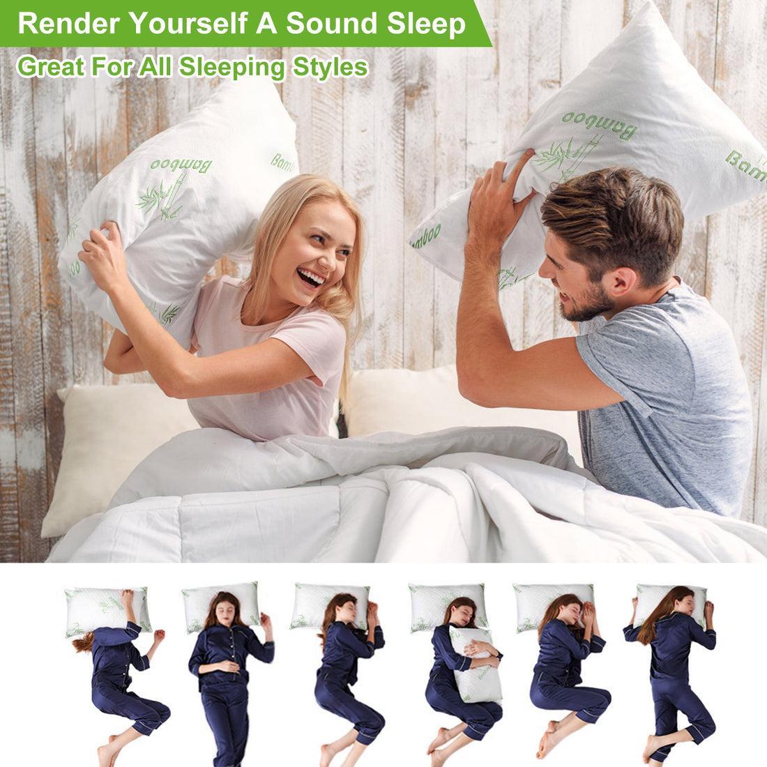 Couple having a pillow fight and sleep position icons