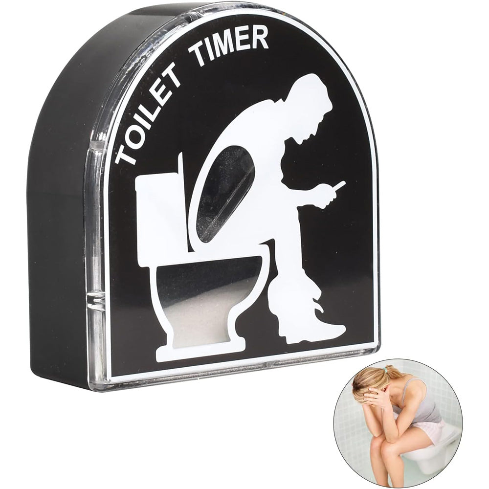 Black toilet sand timer, angled view with sand running