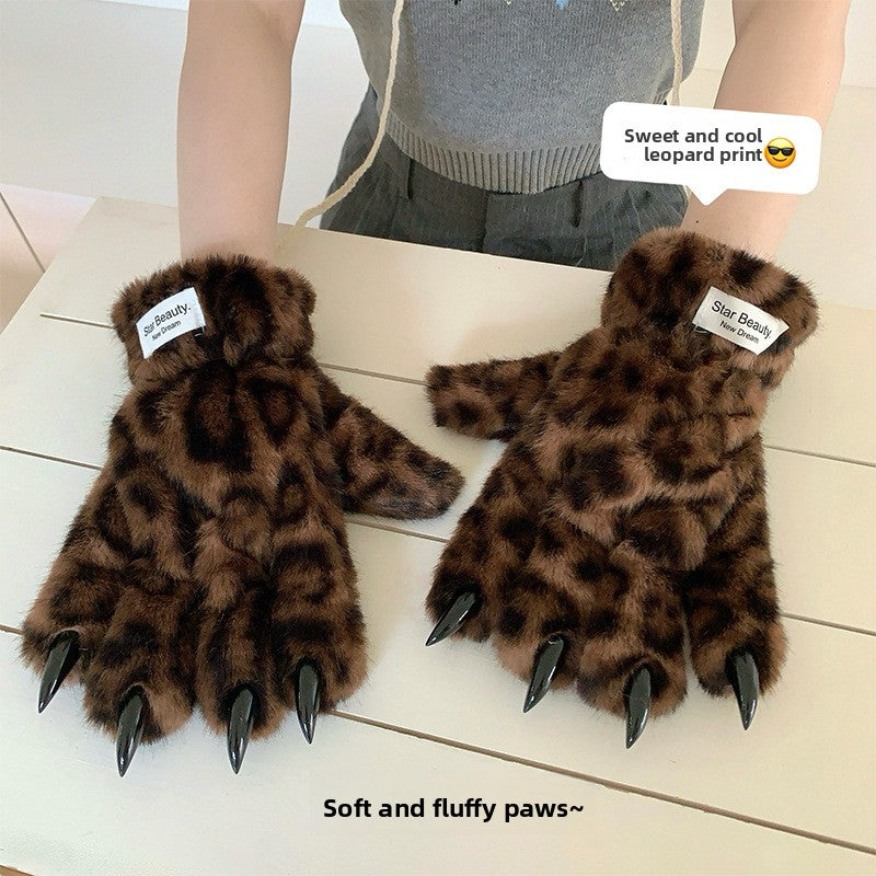 Plush leopard print five-finger winter gloves, photo 4