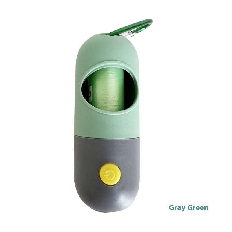 Green and gray LED poop bag dispenser with carabiner