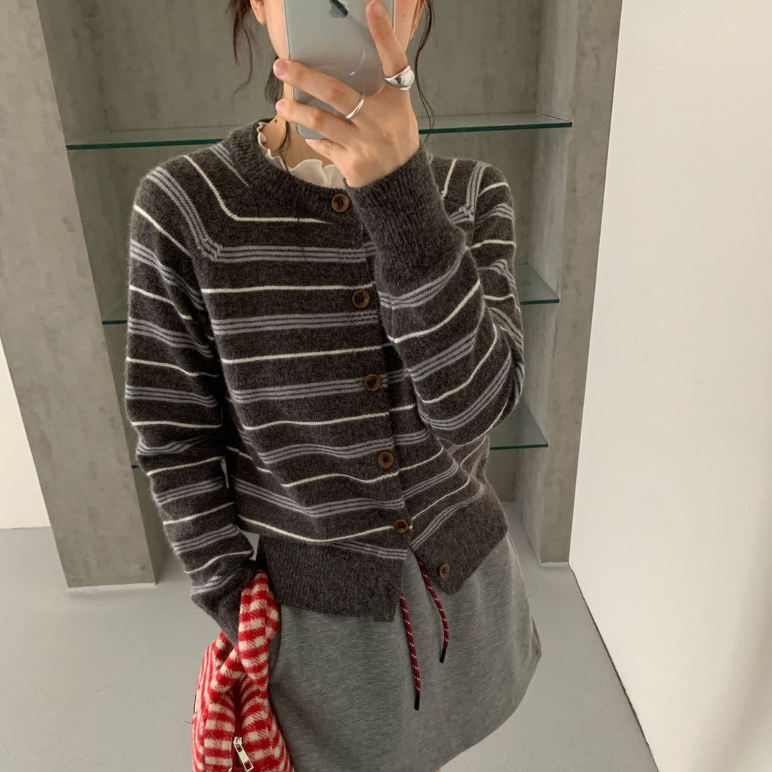 Women Retro Color Block Striped Knit Cardigan Round Neck Long Sleeve Slimming Sweater
