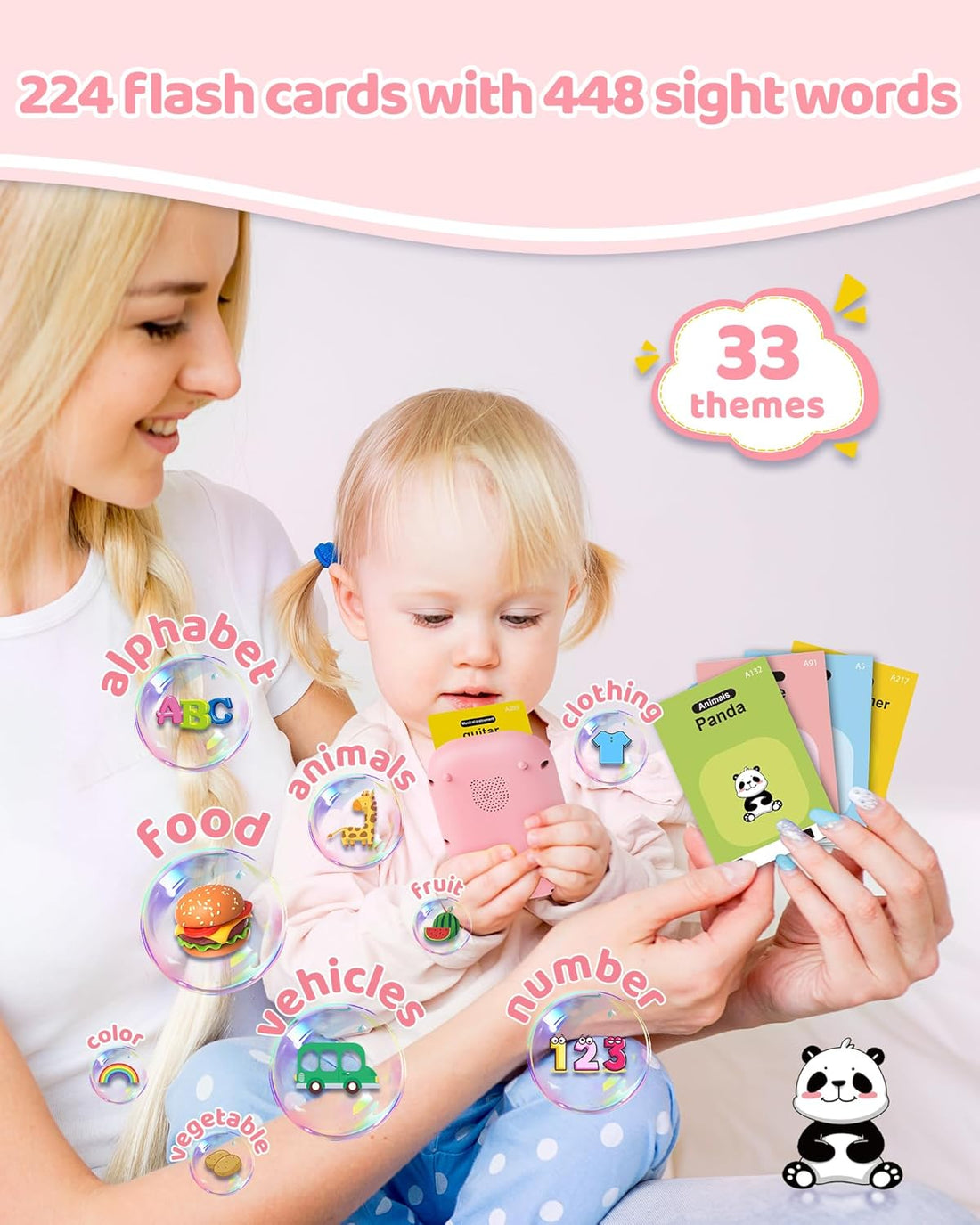 Mother and toddler with picture flash cards covering 33 themes