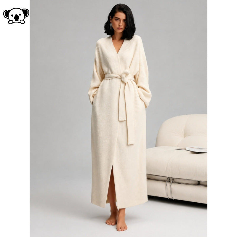 Extra-thick half-sided fleece bathrobe with belt, open front, photo 1