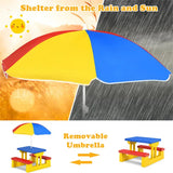 Kids picnic table with umbrella set up outdoors