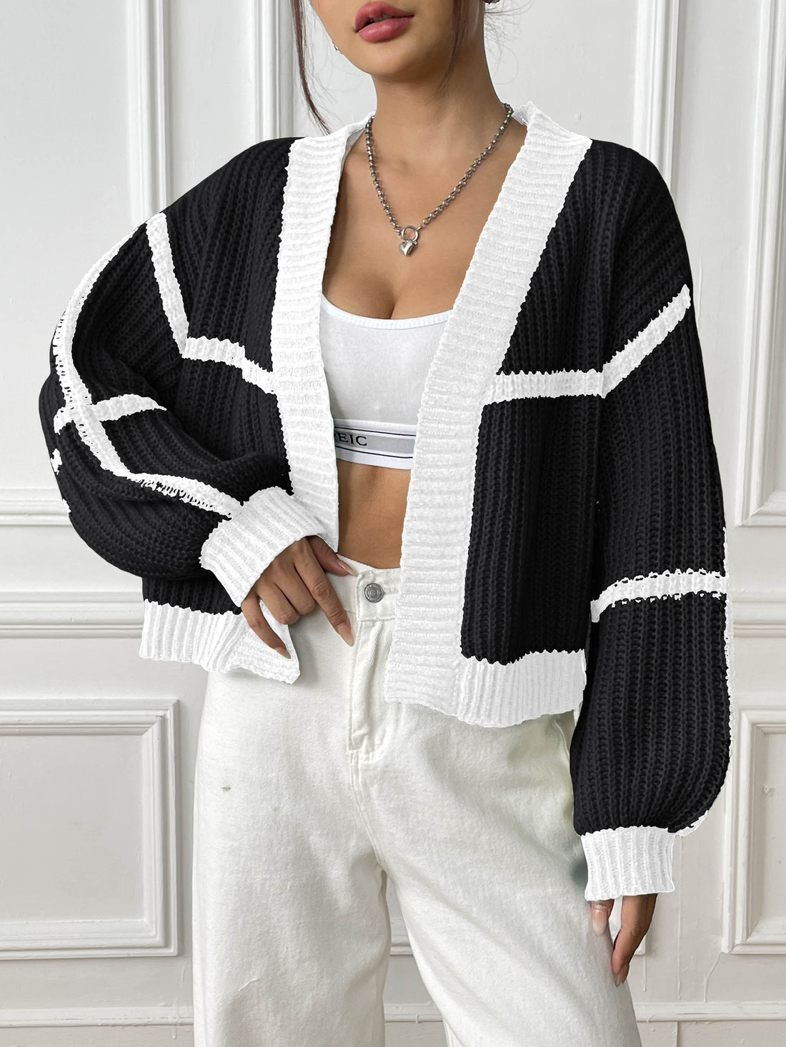 Women's color-block knit cardigan with lantern sleeves, photo 1