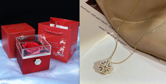 Necklace shown beside a red rose gift box, box for display only