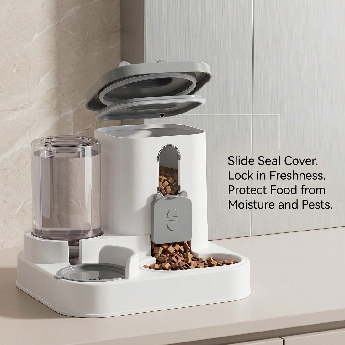 Pet feeder with the sealed top cover lifted