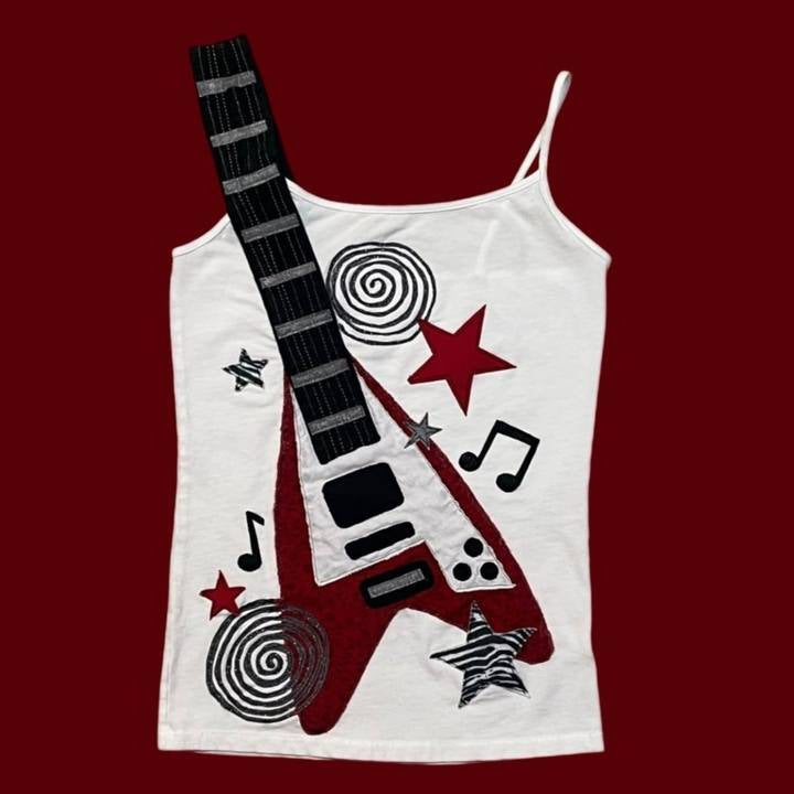 Y2K Guitar Rhinestone Camisole Top with Heart Star Print