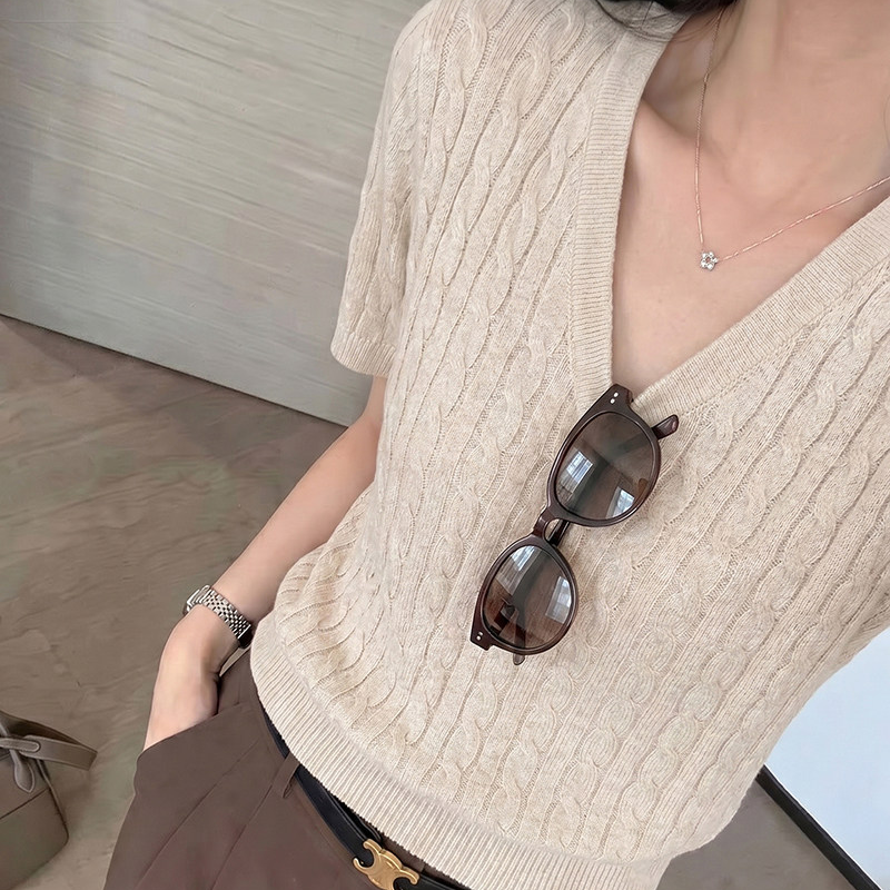 Women V-Neck Twist Knit Short Sleeve Slim Fit Summer Top