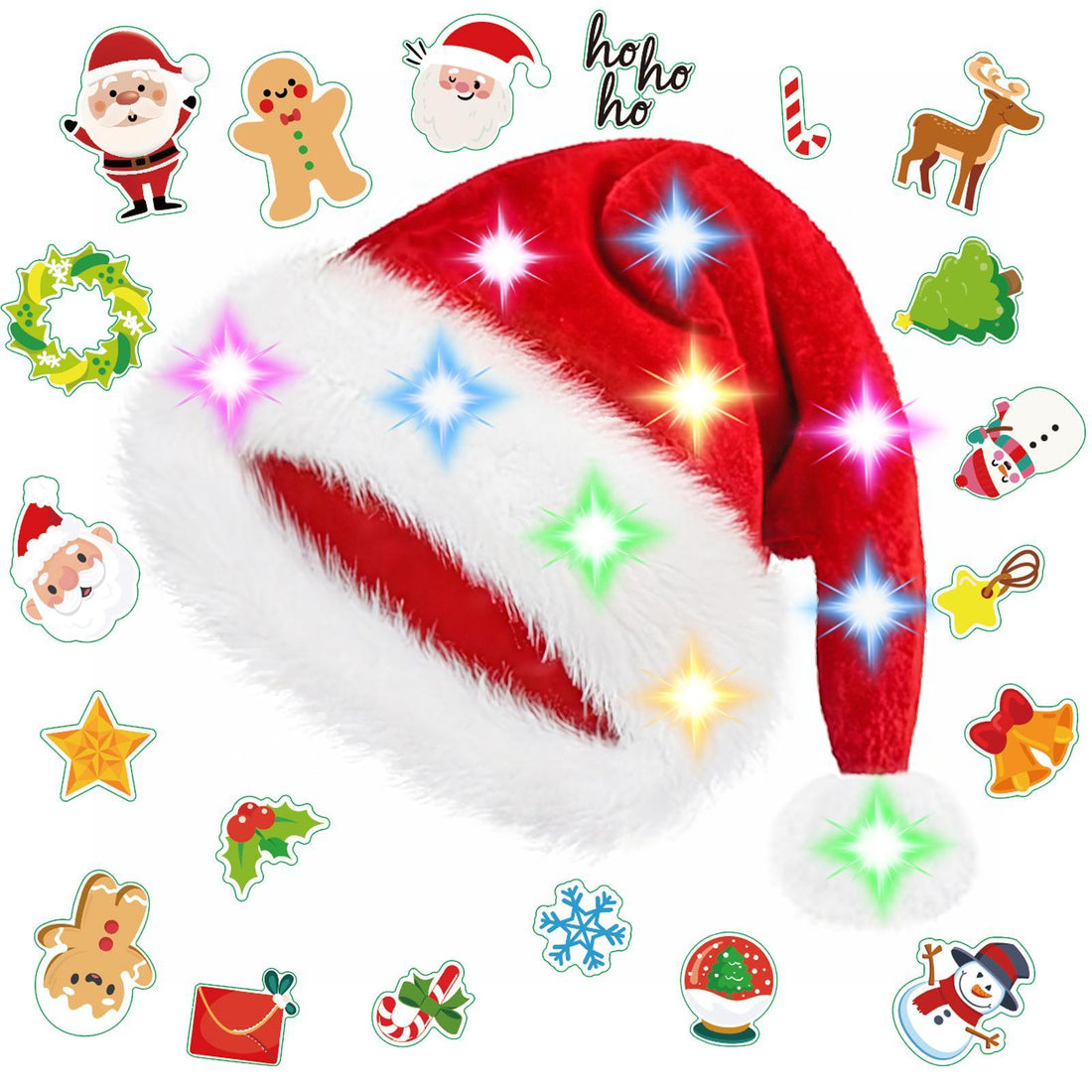 Light-up Santa hat surrounded by Christmas DIY stickers