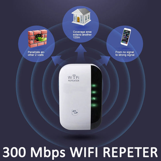 White plug-in WiFi repeater extending signal to a home, 300Mbps