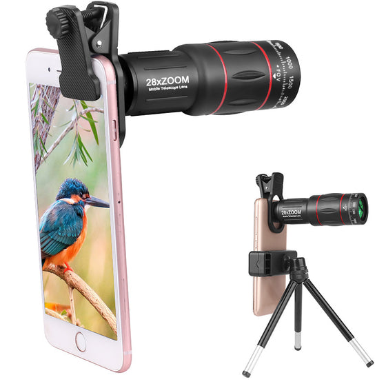 Telephoto lens clipped to a phone showing a kingfisher photo with a small tripod