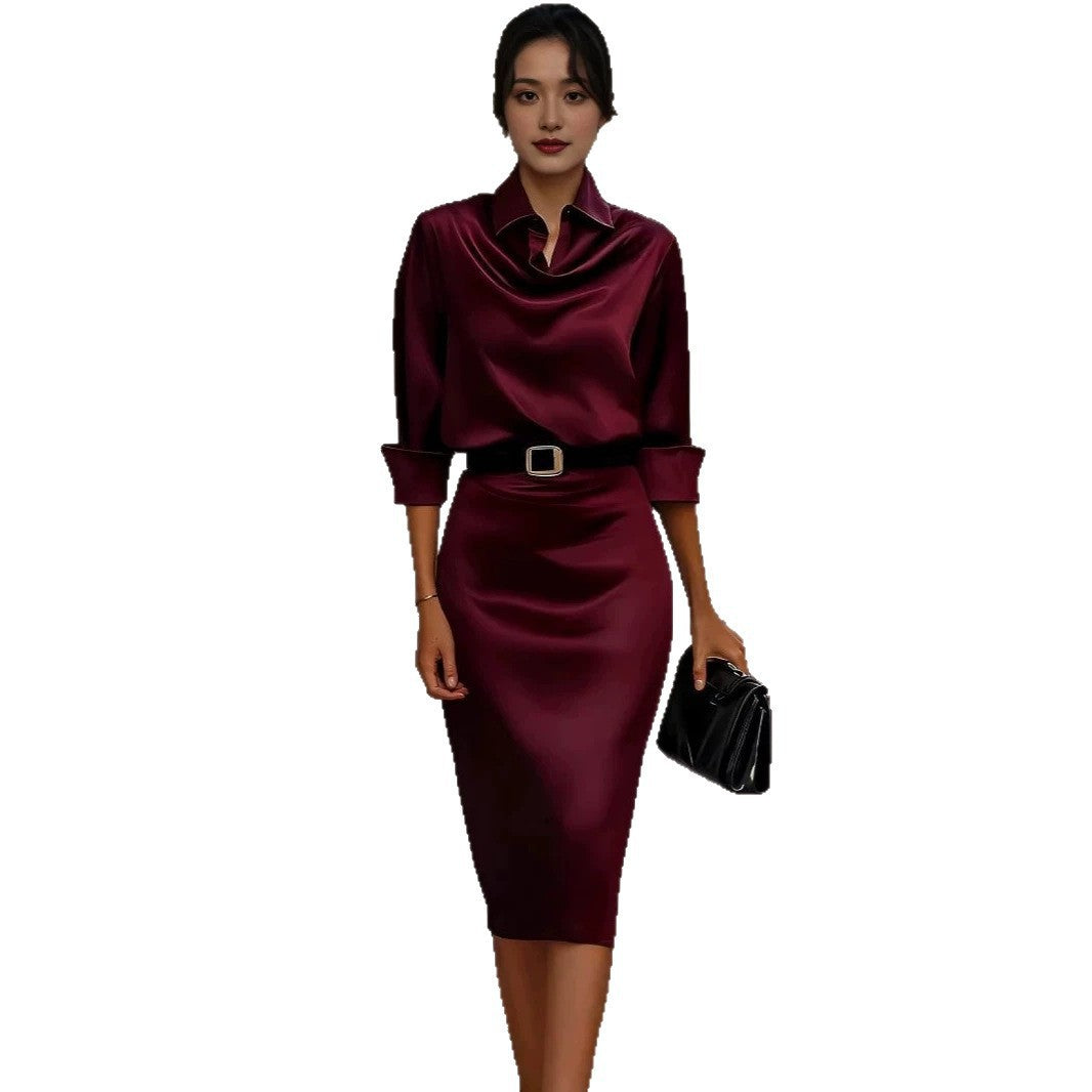 Women's Acetate Satin Long Sleeve Midi Dress with Shirt Collar, image 5 of 35