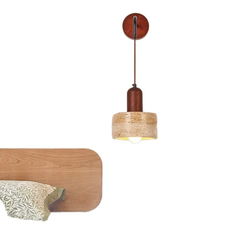 Wabi-Sabi Style Cave Stone Wall Lamp Wooden Body LED Warm Light Fixture for Hotel Bedroom Restaurant