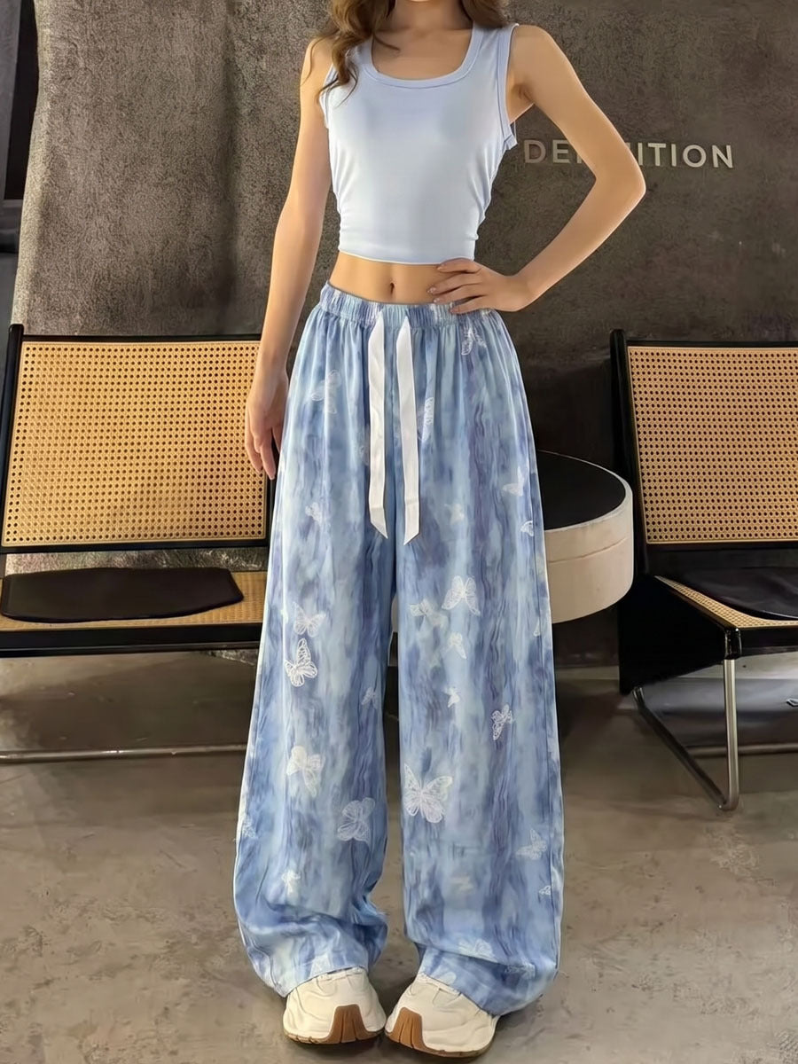 Women's artistic print wide-leg casual pants with elastic waist, photo 5