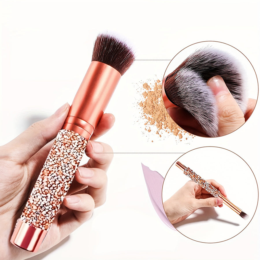 Hand holding a sparkle-handle foundation brush with close-ups of soft bristles