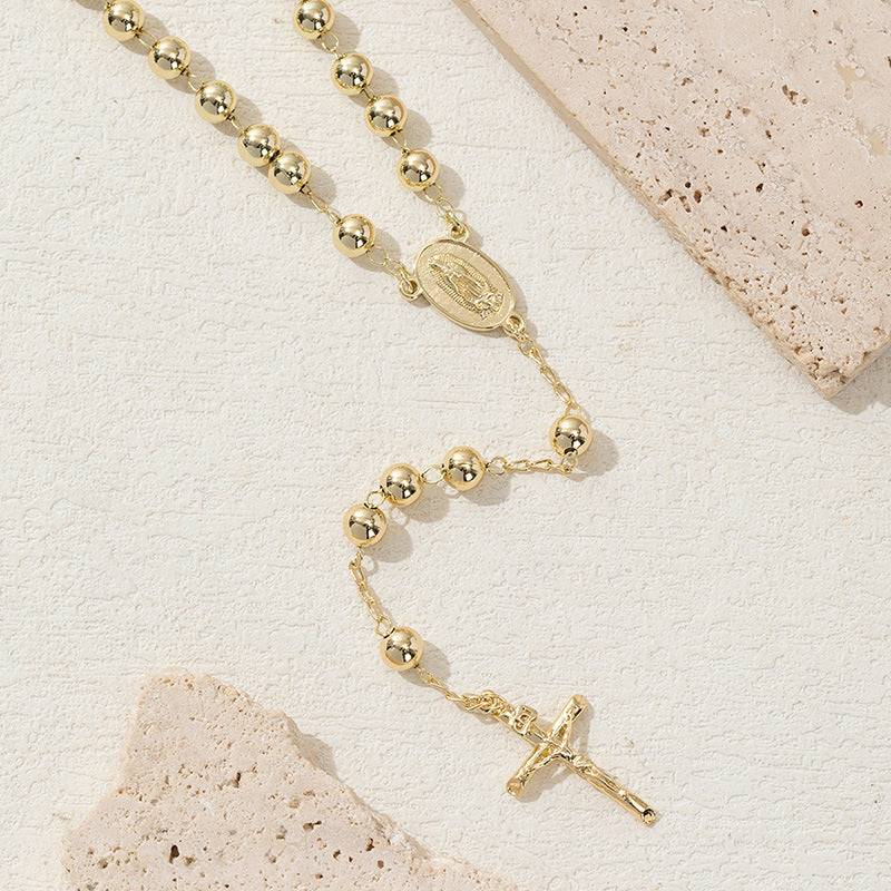 Light Luxury Gold Cross Pendant Long Bead Chain
