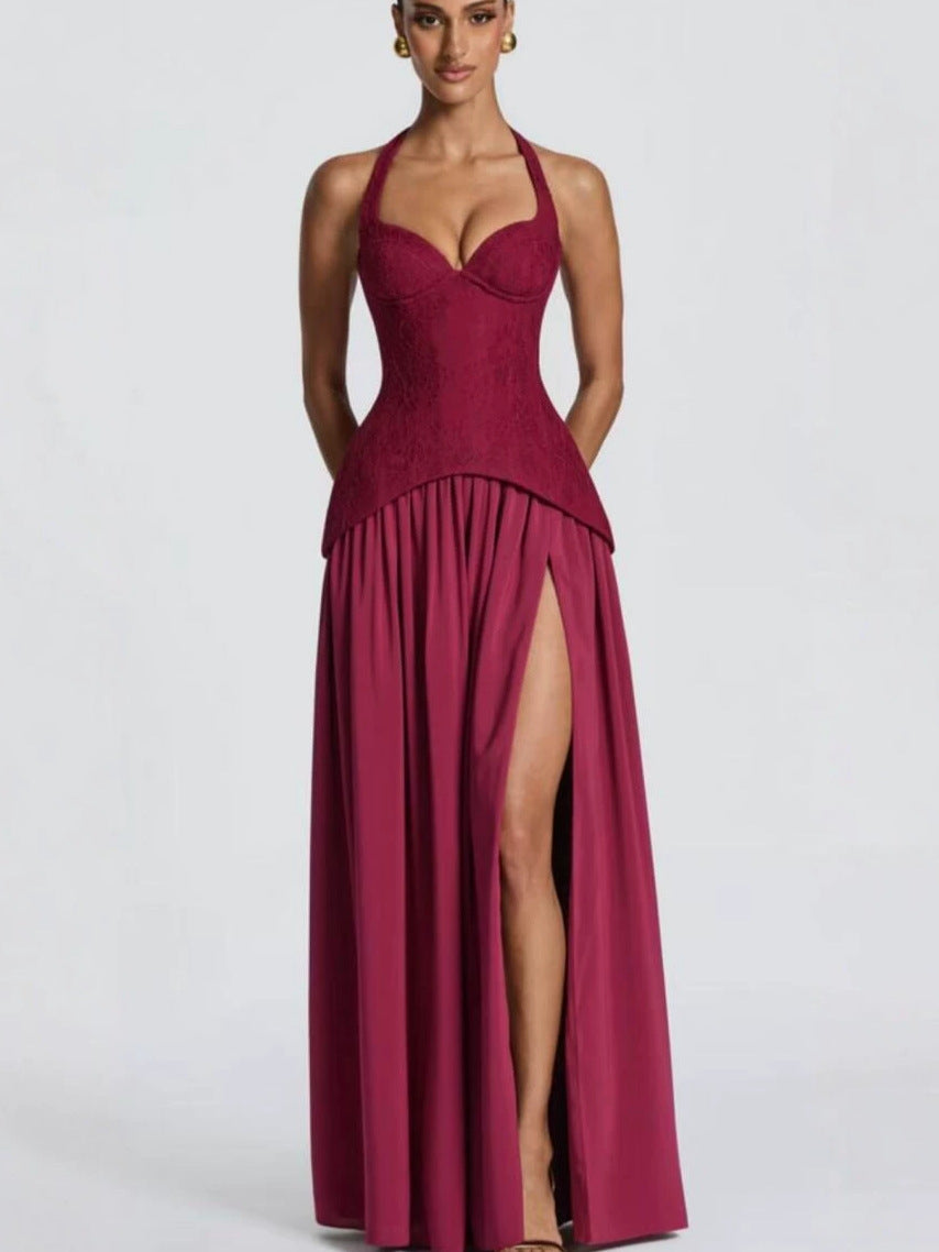 Halter neck lace spliced long dress with side slit, photo 1