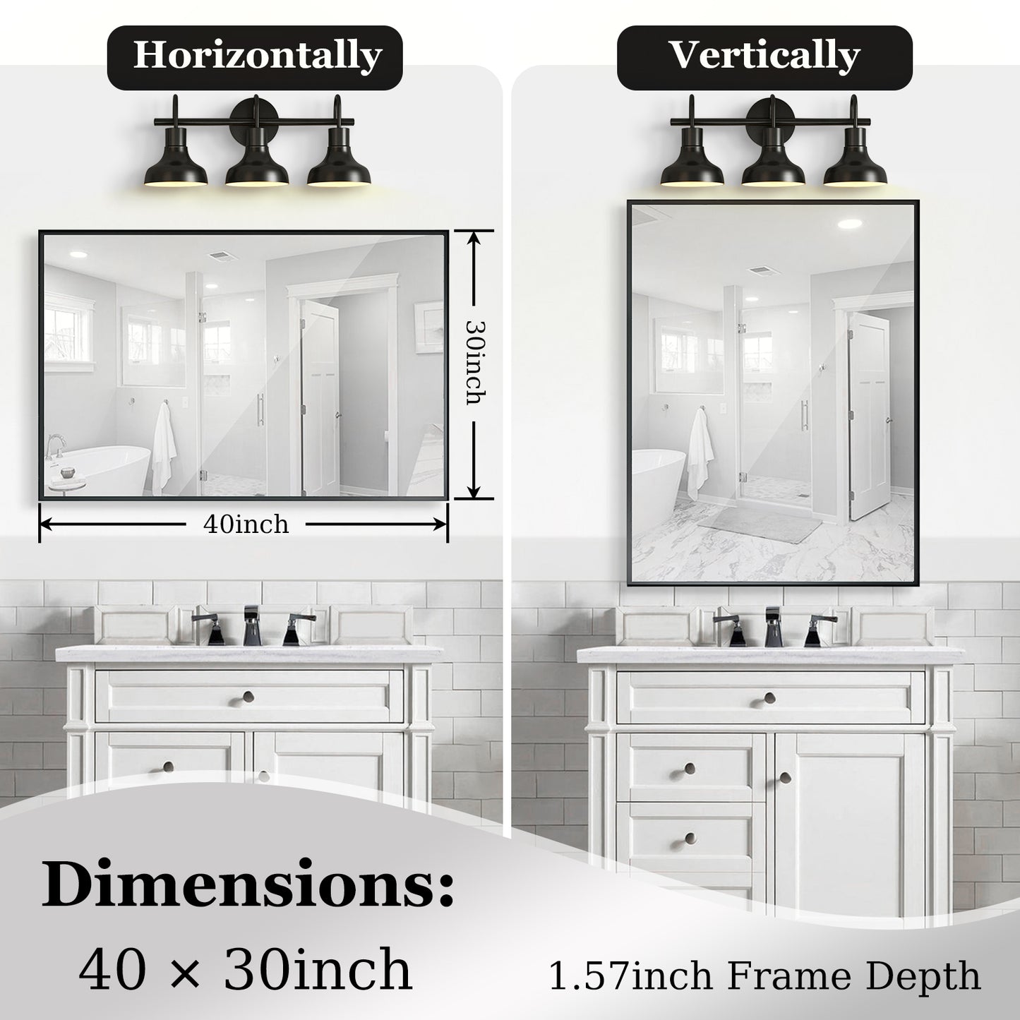 40x30 Inch Glossy Black Bathroom Wall Vanity Mirror