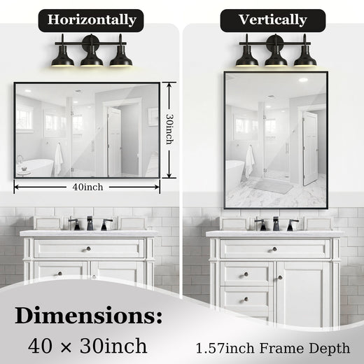 40x30 Inch Glossy Black Bathroom Wall Vanity Mirror