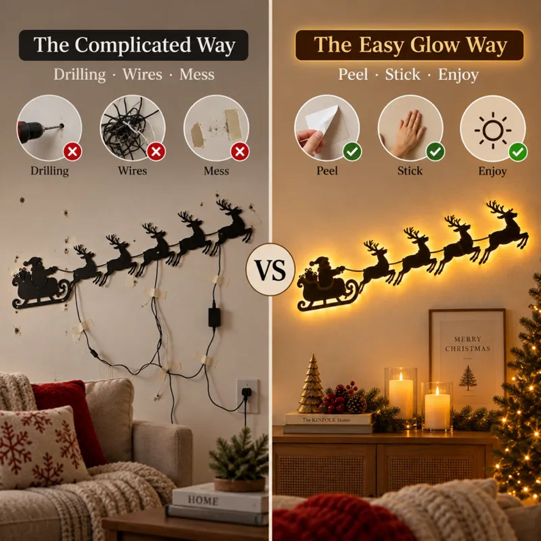 Self-Adhesive Wooden Christmas Santa Reindeer Wall Decoration with Lights
