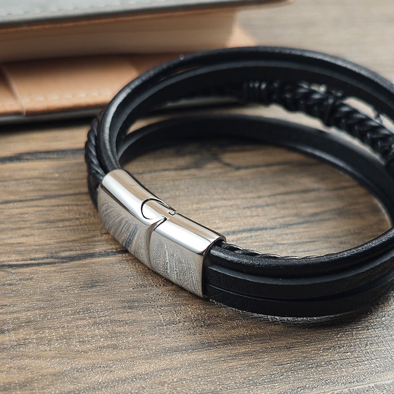 Men's Vintage Braided Leather Anchor Magnetic Bracelet