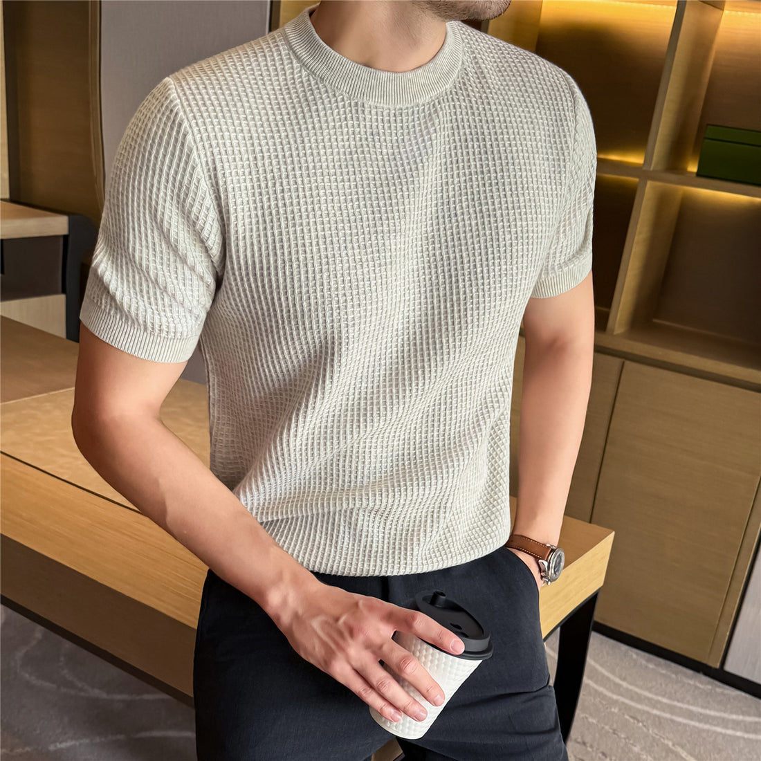 Men's Thick Waffle Knit Cotton Round Neck Sweater