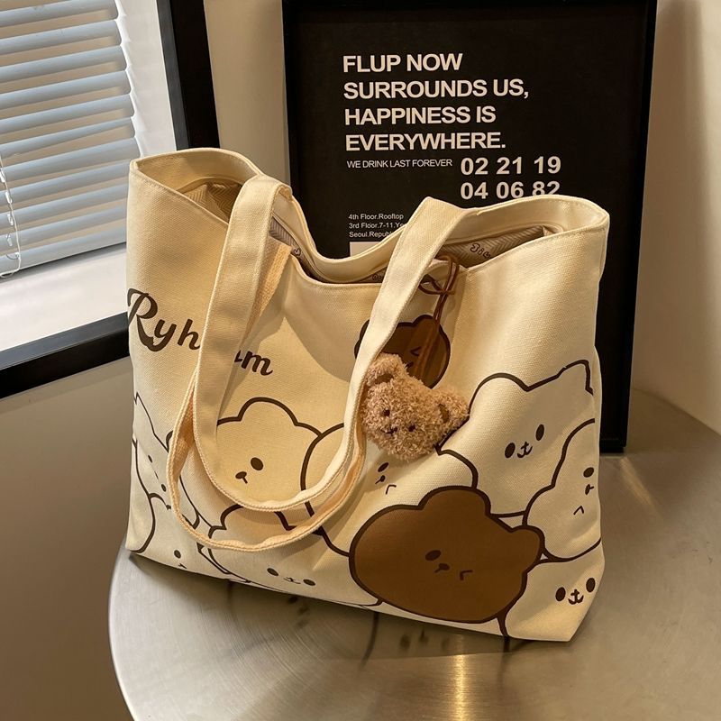 Casual Large Capacity Cartoon Bear Canvas Shoulder Tote Bag