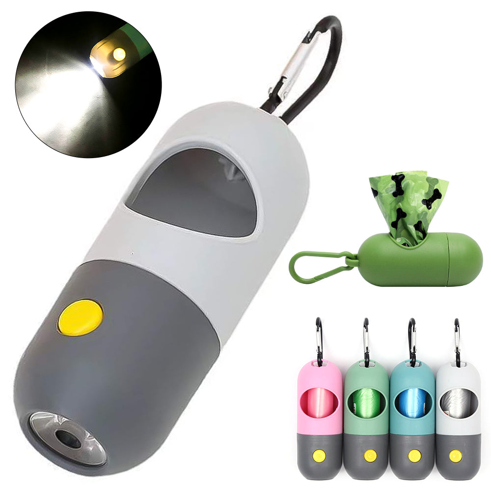 Gray LED dog poop bag dispenser with carabiner, light on, and color options