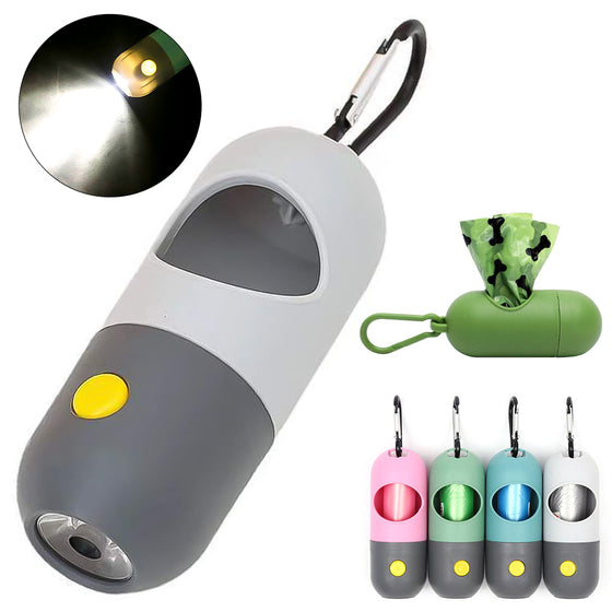 Gray LED dog poop bag dispenser with carabiner, light on, and color options