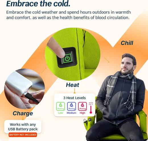 Heated stadium seat folded flat for carrying