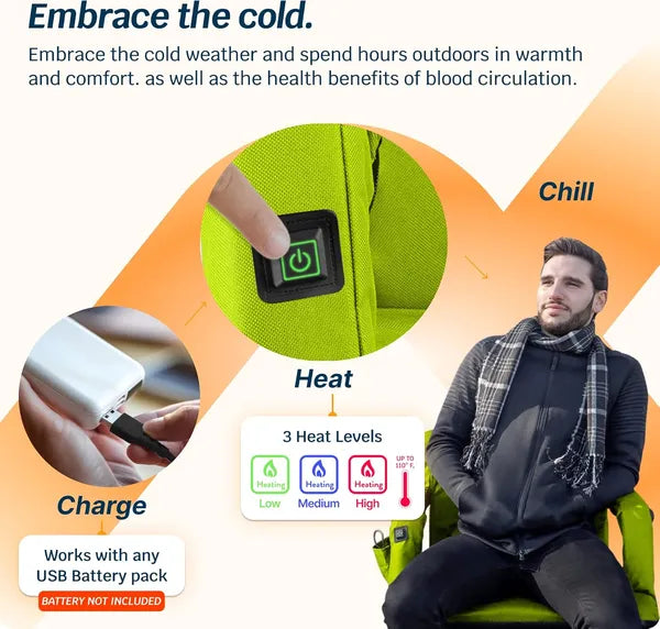 Heated stadium seat folded flat for carrying