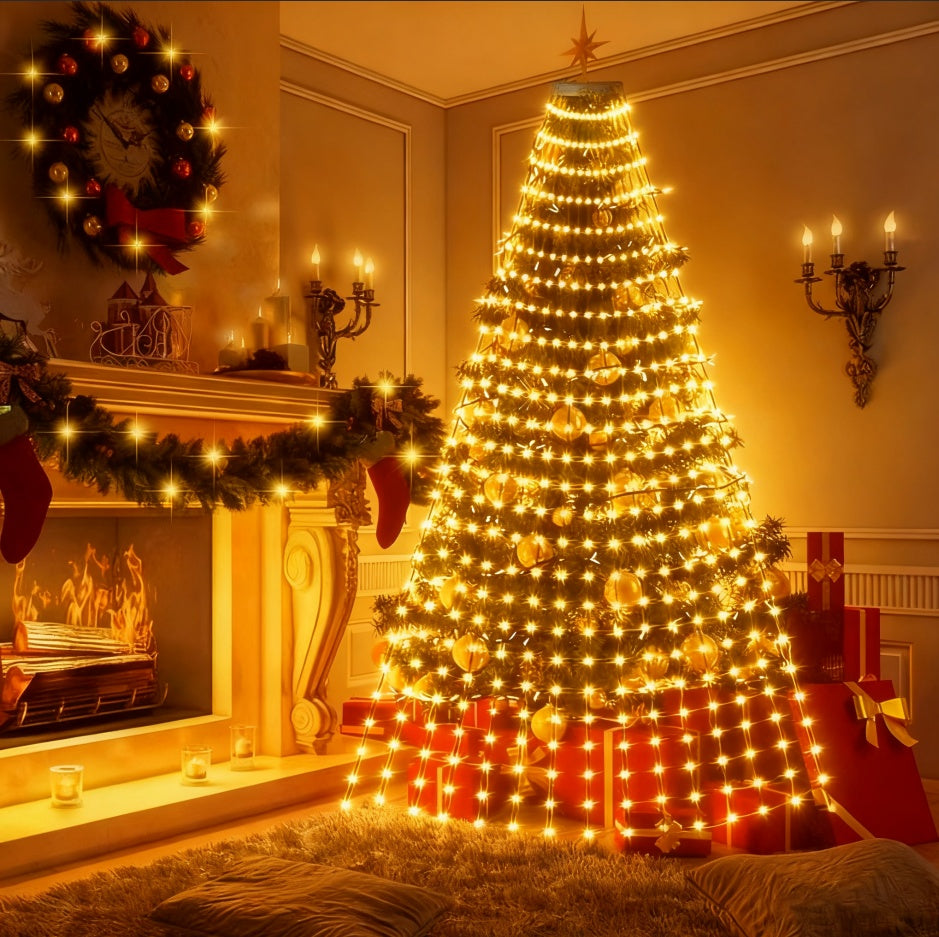 Christmas tree draped in warm white LED strand lights beside a fireplace