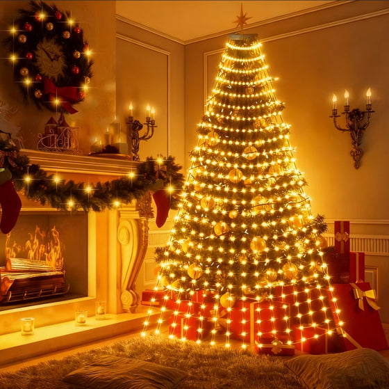 Christmas tree draped in warm white LED strand lights beside a fireplace