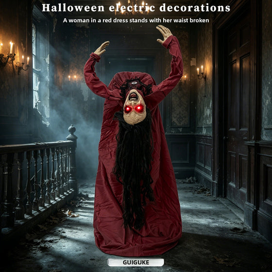 Red-Clothed Female Ghost Halloween Prop with Sound and Motion Activation