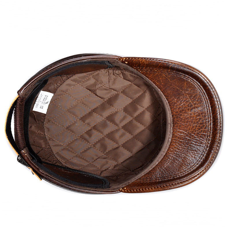 Men's Genuine Cowhide Leather Winter Warm Flat Top Ear Protection Hat